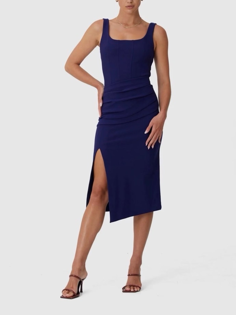 Finders Keepers Navy Square-Neck Midi Dress with Side Slit